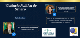 Banner em fundo azul escuro em que se lê, em letras brancas, “Violência Política de Gênero - Pal...