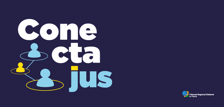 Banner com fundo azul em que se lê “Conecta”, em letras brancas e “Jus”, em letras azuis. No can...