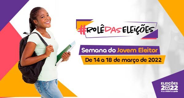 Banner em fundo branco, com detalhes em roxo, rosa e amarelo. O título é "Semana do Jovem Eleito...