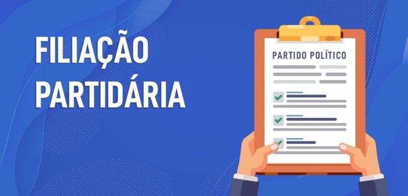 Banner em fundo azul em que se lê, em letras brancas, “Filiação Partidária”. Do lado direito, há...
