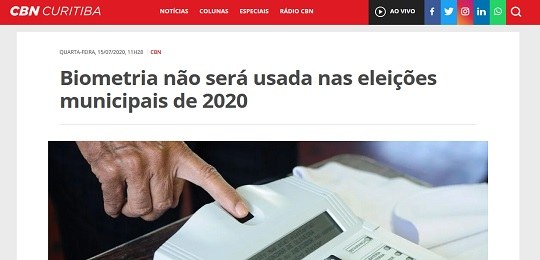 SAIU NA MÍDIA: Diretor-geral do TRE-PR, Dr. Valcir Mombach comenta na rádio CBN decisão do TSE de descartar biometria Reprodução do site da CBN Curitiba. Acima, há a logomarca da CBN em fundo vermelho. Embaixo, uma...