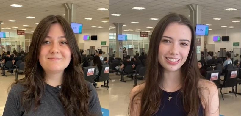 Banner dividido ao meio com duas fotografias. À direita, observa-se uma jovem de cabelos e olhos...