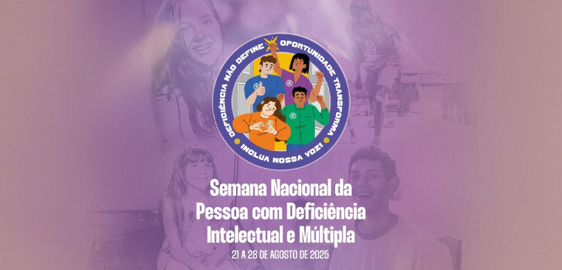 Banner com fundo lilás em que se lê, em letras brancas, “Semana Nacional da Pessoa com Deficiênc...