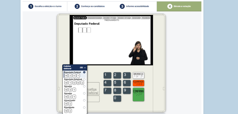 Imagem que retrata uma tela de interface digital de um simulador de votação. Na parte superior, ...