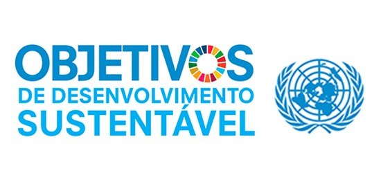 Banner de fundo branco, escrito em letras azuis: Objetivos de Desenvolvimento Sustentável