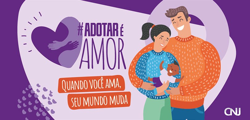 Banner em fundo roxo e lilás, escrito #AdotarÉAmor - quando você ama, seu mundo muda. Do lado di...