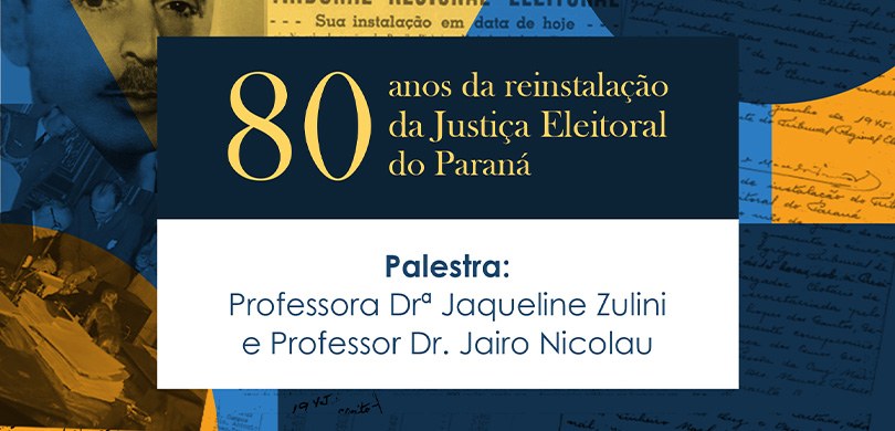 Banner em cujo fundo colorido em azul e amarelo se observam fotos e documentos antigos. No centr...