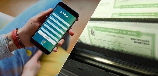 TRE-PR: e-Título vs Título Fácil imagem repartida em duas metades, uma com uma pessoa segurando um celular, na tela escrito e-tit...