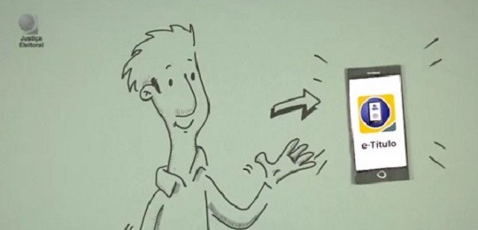 Um desenho de uma pessoa apontando para um celular com e-titulo na tela inicial