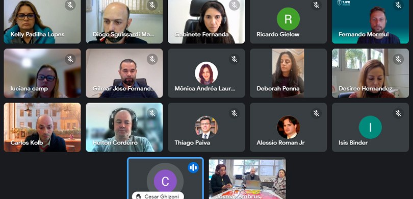 Print de tela de uma reunião por videoconferência. Onze câmeras aparecem ligadas e seis fechadas.