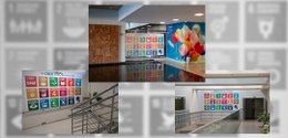 Colagem de três fotos mostrando os painéis sobre os Objetivos do Desenvolvimento Sustentável (OD...