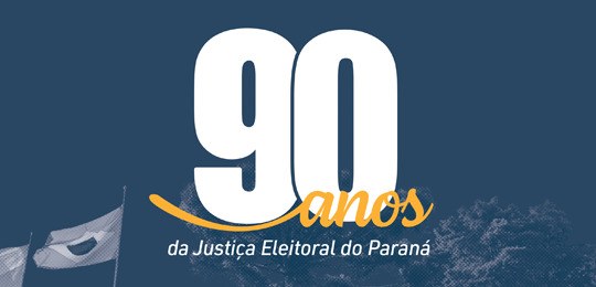 Arte da capa do livro "90 anos da Justiça Eleitoral do Paraná". O fundo é azul, com o título ao ...