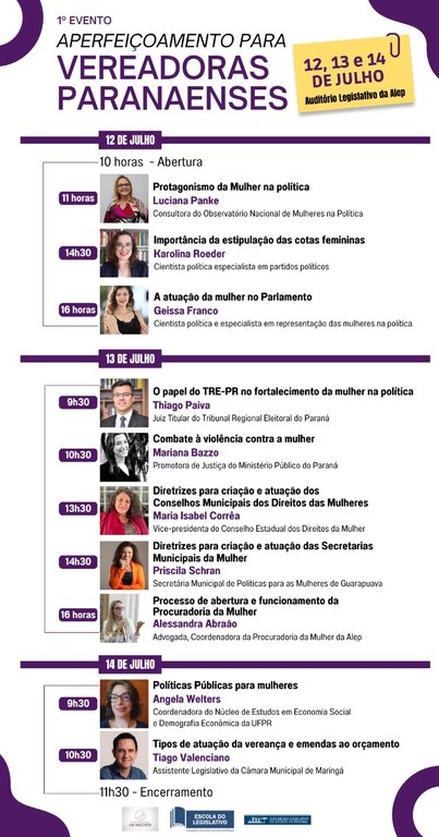 TRE-PR participa de evento para aperfeiçoamento para vereadoras paranaenses 2 Imagem com a programação completa do 1º Evento de Aperfeiçoamento para Vereadoras Paranaenses