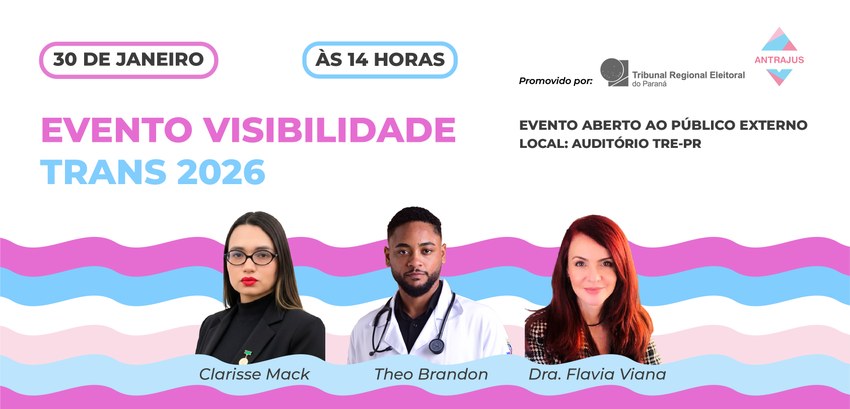 Banner de divulgação com fundo superior branco e base decorada com faixas onduladas nas cores ro...