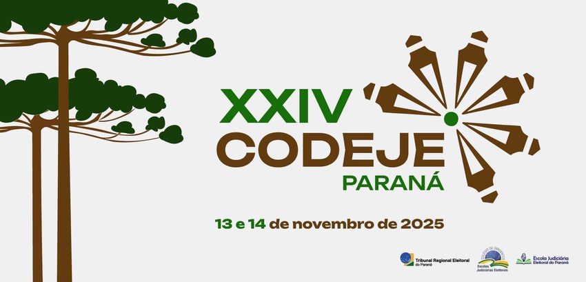 TRE-PR promove o XXIV CODEJE nesta quinta (13) e sexta-feira (14) Banner colorido em cinza-claro, com a ilustração de dois pinheiros araucária. É possível ler “XX...