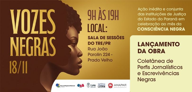 Banner com fundo amarelo pastel, branco, amarelo queimado e marrom, cujo título é “Vozes Negras ...