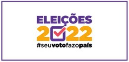 Logotipo das Eleições 2022. Imagem de fundo branco com borda roxa, escrito no centro em letras r...