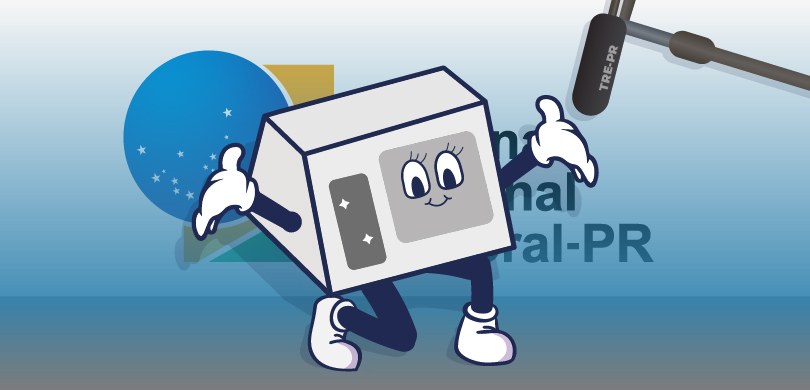 Banner em fundo azul, com o logo do TRE-PR. Em primeiro plano, a ilustração de uma urninha eletr...