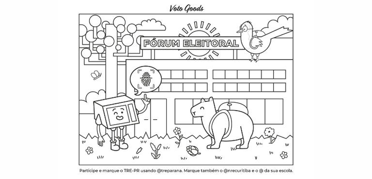 Banner em fundo branco com a ilustração para colorir de uma capivara de mochila, uma urninha ele...