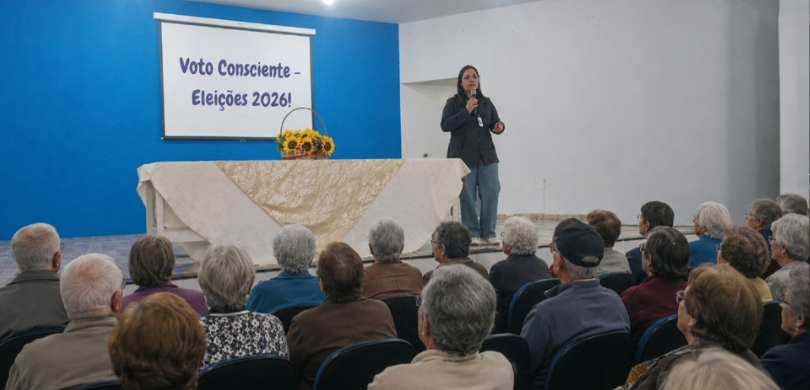 Fotografia na qual se observa uma palestra institucional sendo realizada em um auditório para um...