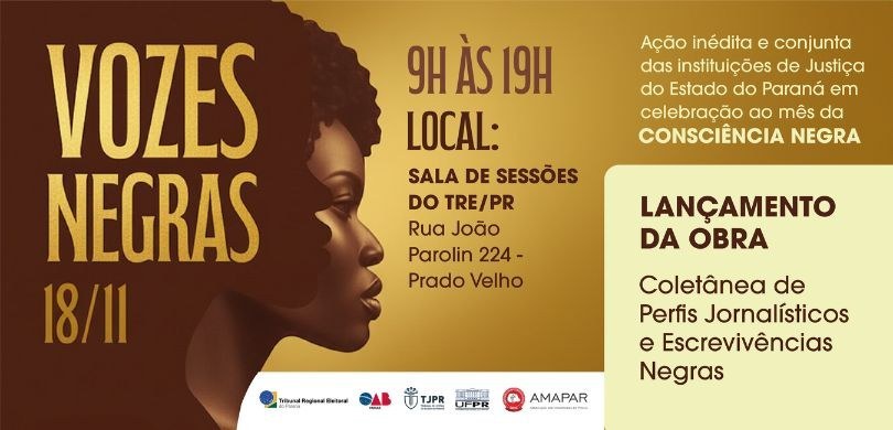 Banner com fundo amarelo pastel, branco, amarelo queimado e marrom, cujo título é “Vozes Negras ...