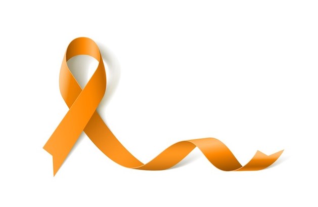 Um laço laranja em formato que simboliza o luto aparece sobre um fundo branco.