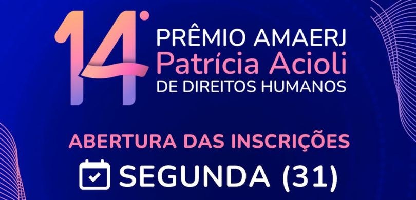 Banner com fundo azul, no qual se pode ver a logomarca da 14ª edição do Prêmio Amaerj Patrícia A...
