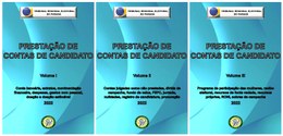 Banner com a capa dos três volumes dos temas selecionados da Prestação de Contas de Candidato, e...