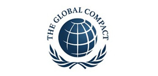 Imagem de um globo sobre uma coroa de louros, acima os dizeres “The Global Compact”.