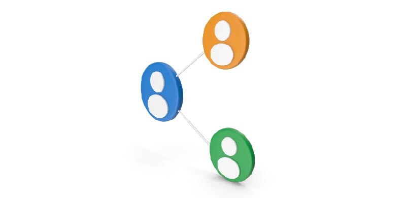 Ilustração em fundo branco de três círculos com ícones de usuário nas cores amarela, verde e azu...