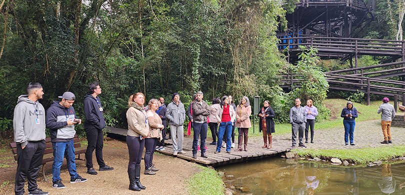 Colaboradores do TRE-PR em visita ao Bosque Zaninelli. À esquerda, alguns estão sob um piso de g...