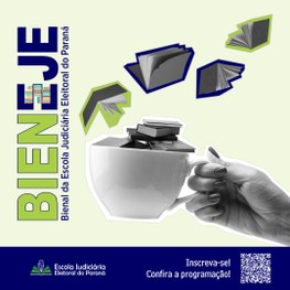 TRE-PR Logo BIENEJE - Imagem com a logo e o escrito Bienal da Escola Judiciária Eleitoral do Par...