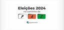 Descrição: Banner com fundo branco, no qual se lê “Eleições 2024 no caminho da paz” em letras pr...